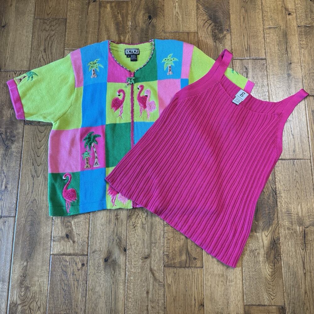 VTG The Collective Works of Berek 2 Pink Flamingo Sweater Silk Blend Tank Sz XL